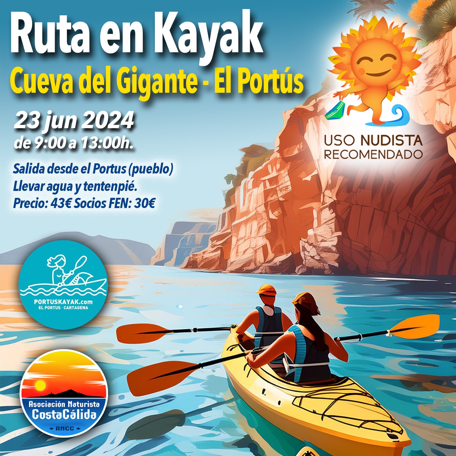 Kayak con ANCC. Cueva del Gigante. El Portús. Cartagena, España.